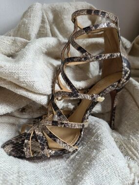 SCHUTZ Brown Snake-Print Strappy High Heel Sandals (heel 10cm)